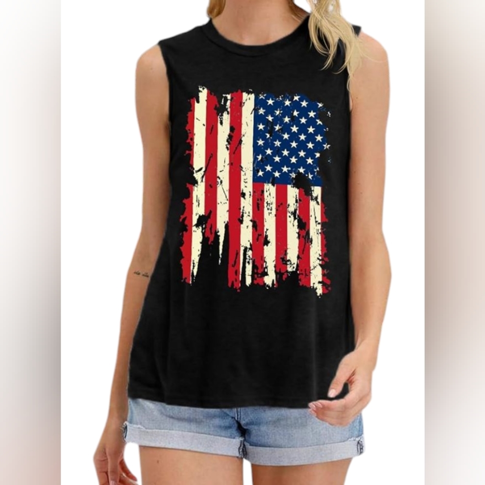 🆕 Women's Black Patriotic Sleeveless Top With Screen Print American Flag